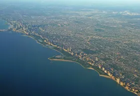 Chicago lakefront aerial view, including Lincoln Park